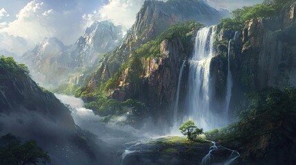 Majestic Waterfall in a Serene Mountain Valley