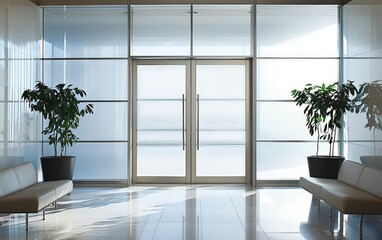 A contemporary entrance door with frosted glass panels and metallic accents, set against a minimal backdrop