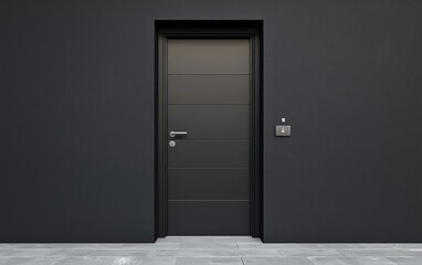 A stylish black-painted interior door with sleek metal hardware, set against a minimalistic background