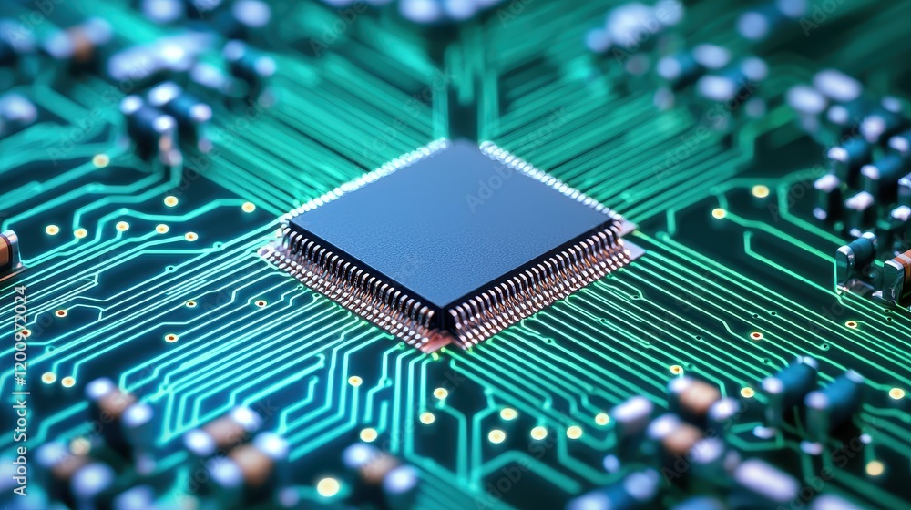 Aufkleber microchip on circuit board with neon blue and green patterns