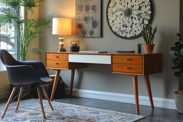 Modern light wood and white desk with drawers in office space, featuring art on the wall, potted plant, and a chair. Minimalist, clean interior design.