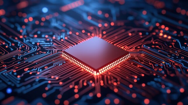 Close-Up View of Microchip on Computer Circuit Board with Lights