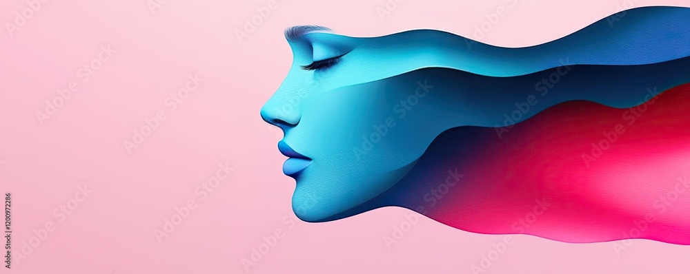 Poster Minimalist watercolor idea. Abstract representation of a serene face with flowing colors symbolizing emotions.