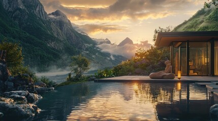Naklejka premium Serene Sunset Mountain Retreat: Tranquil Infinity Pool & Modern Minimalist Architecture