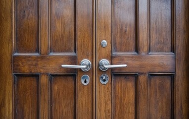 A contemporary wooden entrance door with clean lines and chrome handles, set against a soft gray backdrop