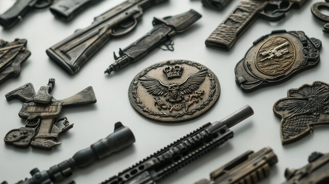 Army special forces, military specialists badges set. Artillery, snipers and infantry patrol emblems with service rifle, machine gun and rocket launcher, grenade, handgun and motorcycle vector