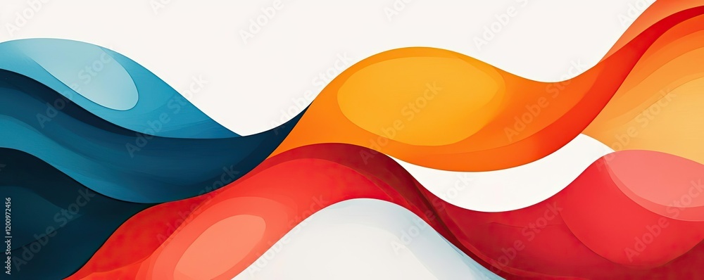Poster playful watercolor concept. vibrant flowing waves in blue, orange, and red create a dynamic abstract