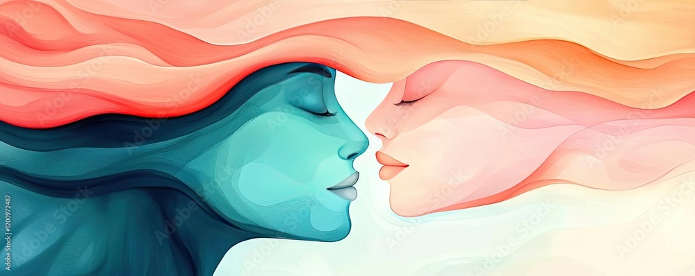 Poster Playful watercolor concept. Abstract representation of connection and emotions between two faces blending together.