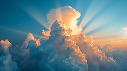 Majestic clouds illuminated by sunlight, creating stunning sky scene. rays of light break through fluffy formations, evoking sense of wonder and tranquility