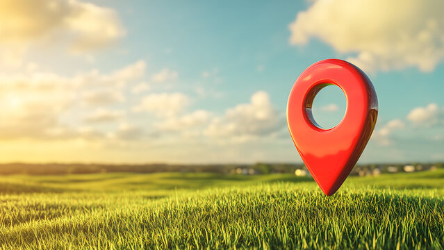 Location pin icon on a grass field showing real estate concept. Land plot for sale