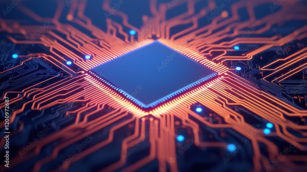Aufkleber close-up view of a modern microchip on a colorful circuit board