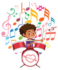 Joyful Drummer with Colorful Music Notes