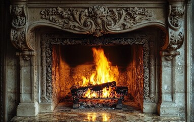 A traditional stone fireplace with detailed carvings and bright crackling logs, shown in a close-up view