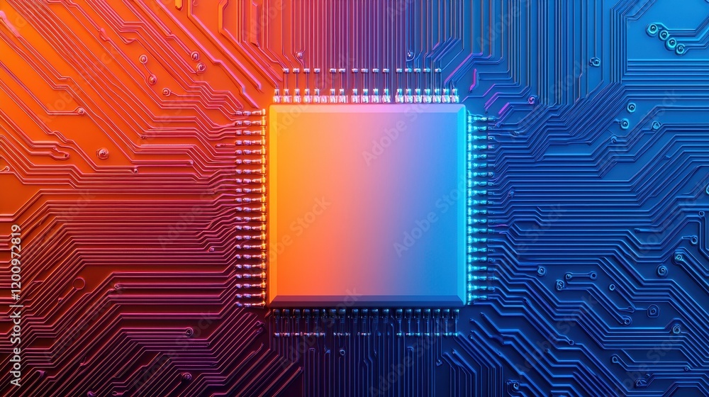 Poster high-tech microchip on a vibrant circuit board background
