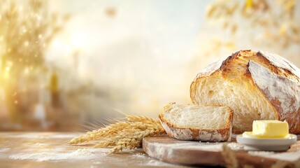 Freshly baked artisan bread with butter and wheat in sunlit kitchen