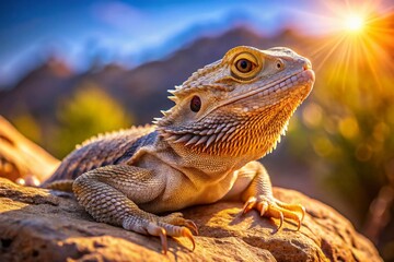 Obraz premium Bearded Dragon Basking in Desert Sunlight, Tranquil Reptile on Rocks