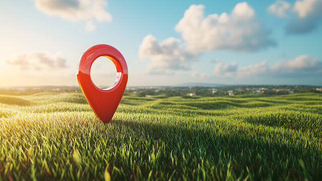 Location pin icon on a grass field showing real estate concept. Land plot for sale