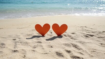 Fototapeta premium Beach Wedding Scene with Hearts in Sand, Two hearts on paradise beach concept.