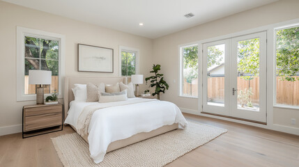 bright and modern bedroom featuring large bed with decorative pillows, bedside tables, and large windows that let in natural light. serene atmosphere is enhanced by greenery outside