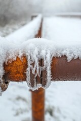 Snow-covered rusty metal pipe, winter scene.