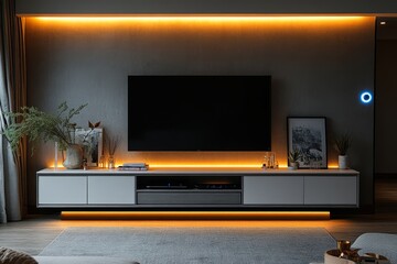  Modern TV stand with LED lights, white and grey design, open drawer, and black leg base with blue accent light in urban apartment living room.