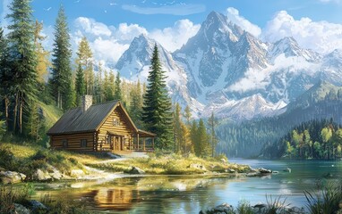 Fototapeta premium A picturesque log cabin in the mountains, surrounded by tall pine trees and a peaceful lake
