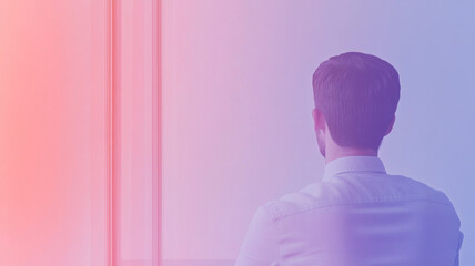man in white shirt is sitting with his back to camera, gazing thoughtfully at colorful gradient background. scene conveys sense of contemplation and focus