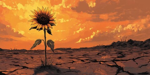 Lone Sunflower Stands in a Desolate Dry Landscape