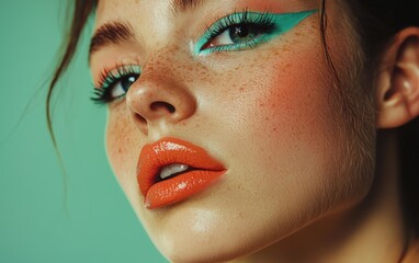 Fototapeta premium A vibrant portrait with bold teal eyeliner, subtle blush, and coral lips, on a pastel green backdrop