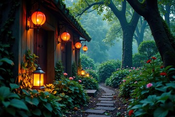 Obraz premium Overgrown garden with glowing lanterns and vines, overgrown, lantern