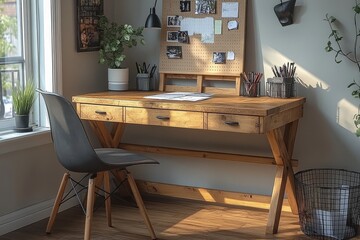 Scandinavian-style desk with light wood, storage drawers, open cabinet, easel, and artwork, featuring office supplies and natural textures.