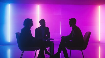 Silhouetted Business Meeting: Neon Lights & Strategic Discussion