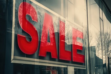 A minimalistic shop window featuring a large red "Sale" sign for Black Friday, styled with a retro-inspired effect.