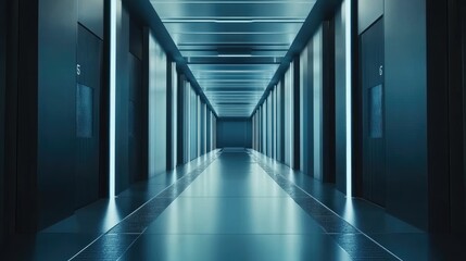 Futuristic minimalist long corridor with blue LED lights, cinematic atmosphere, high-resolution architecture, sleek and modern design