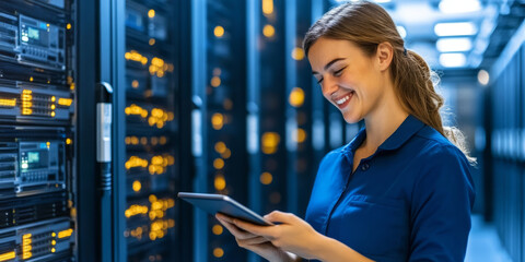 woman in blue shirt smiles while using tablet in server room, surrounded by servers and glowing lights. She appears engaged and focused on her work