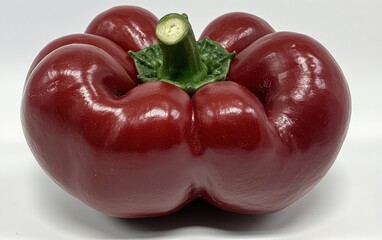 A shiny bell pepper in vibrant red, with a green stem, centered on a stark white background