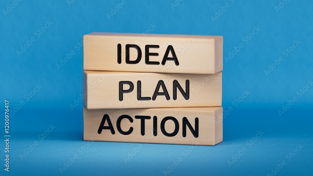 Poster idea plan action symbol. wooden blocks with words idea plan action.business and idea plan action con