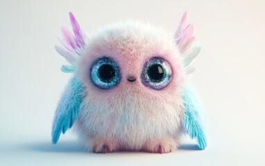 Fototapeta premium A fluffy, round creature with big sparkling eyes, tiny wings, and a pastel pink and blue fur coat, sitting on a clean white background