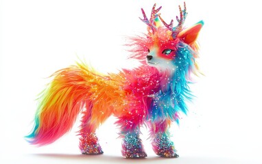Fototapeta premium A whimsical, fox-like creature with a rainbow-colored mane, tiny antlers, and glittery paws, isolated on a bright white backdrop
