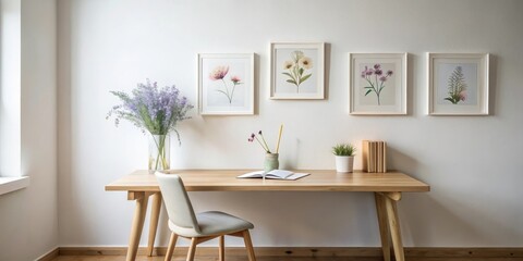 Serene Minimalist Home Office Workspace with Botanical Art