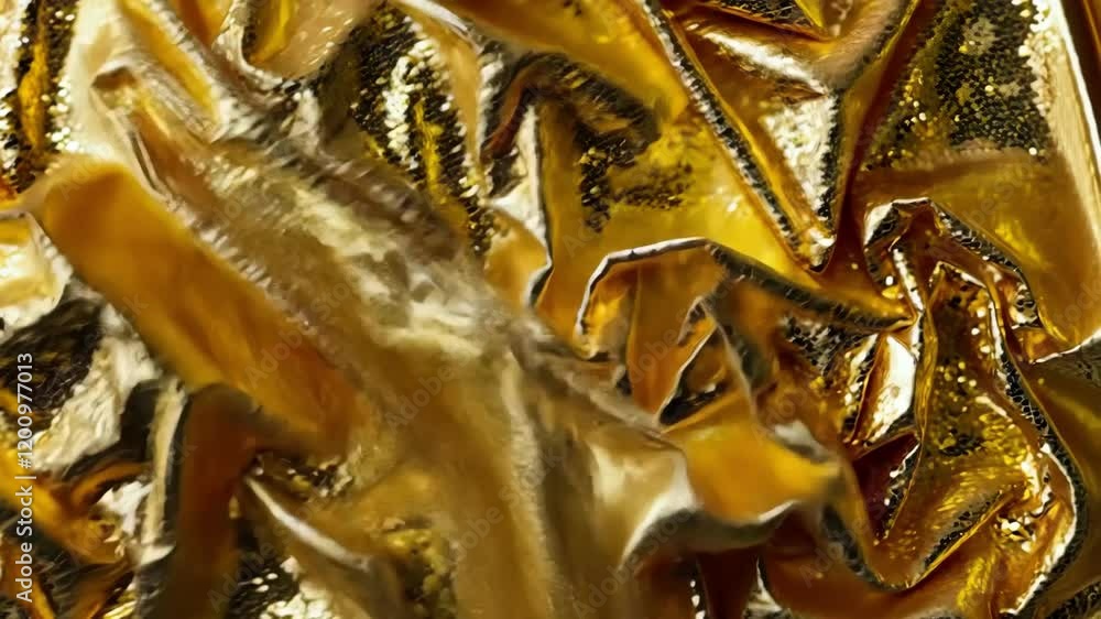 Poster close up view of crumpled gold foil showcasing dynamic textures and reflections, creating an aura of