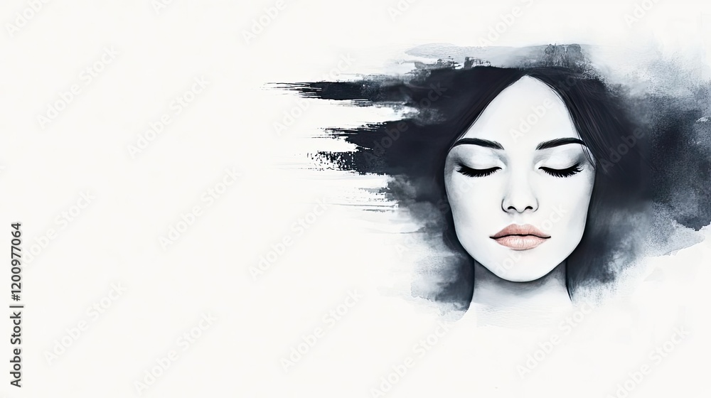 Poster minimalist watercolor idea. a serene portrait of a woman, evoking calmness and introspection through