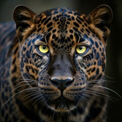 Obraz premium close up portrait of a leopard with yellow eyes in the wild looking directly at the camera
