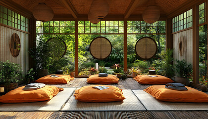 Fototapeta premium Serene garden yoga studio, sunlit zen space