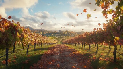 Naklejka premium Vine leaves fall on dirt path thru vineyard toward a distant building, under cloudy skies