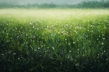 Obraz premium Green field, white wildflowers, distant trees.