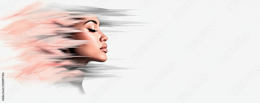 Poster minimalist watercolor idea. a profile of a woman symbolizing speed and motion in a blurred, dynamic 