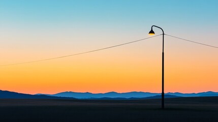 Sunrise over a vast landscape with a single lit lamppost.