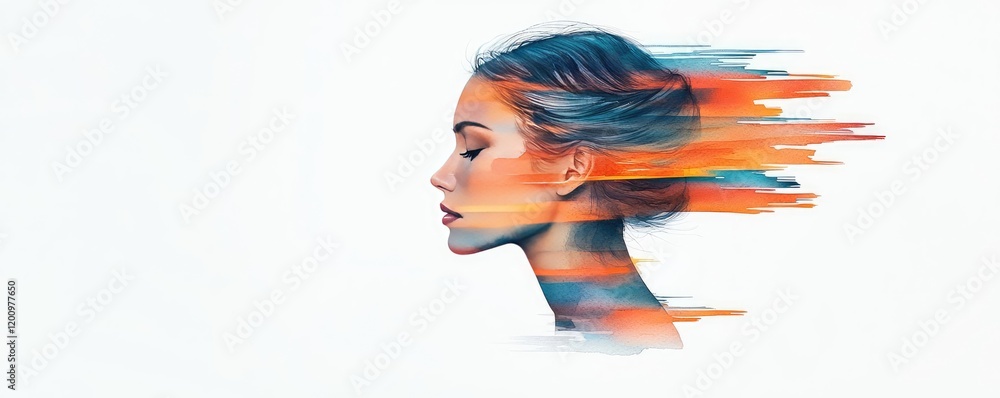Poster minimalist watercolor idea. a conceptual image depicting a woman's head with flowing colors represen