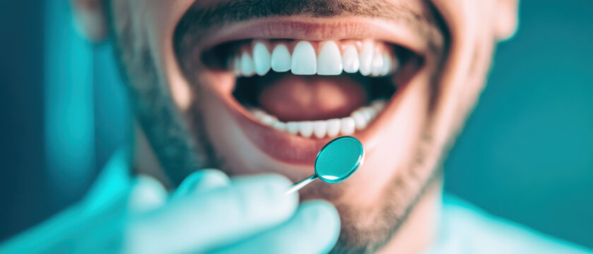 man smiles broadly, showcasing his bright teeth while holding dental mirror. image captures essence of dental care and transformation, highlighting importance of oral hygiene